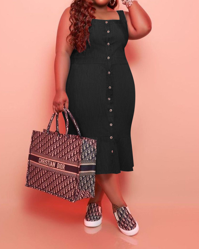 Women Solid Color Square Collar Button Sleeveless Plus Size Dresses Black Gray Light Blue Orange XL-5XL