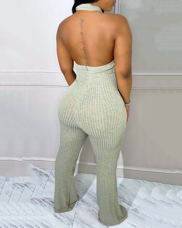 Backless Solid Color V-neck Sleeveless Women Jumpsuits Black Beige Brown Light Gray S-2XL