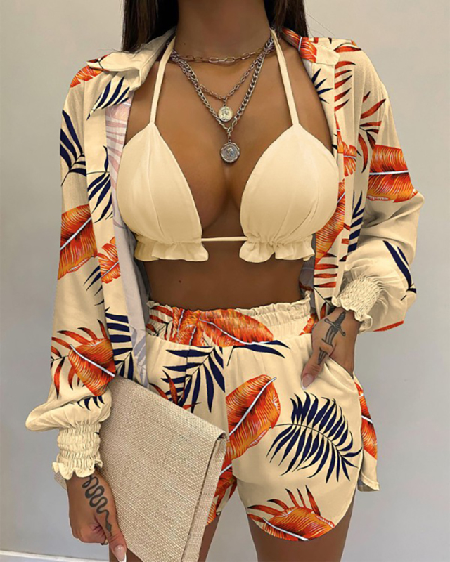 Women Tropical Print Long Sleeve Gradients Three Pieces Outfit White Yellow Red Black Green Blue S-XL