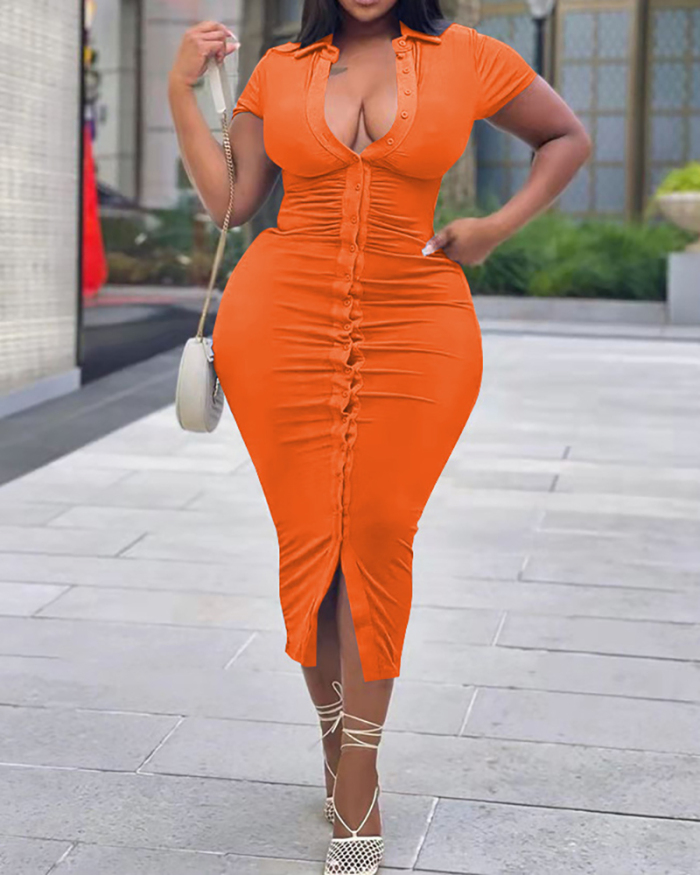 Women Solid Color Button Midi Short Sleeve Plus Size Dresses Black Blue Orange XL-5XL