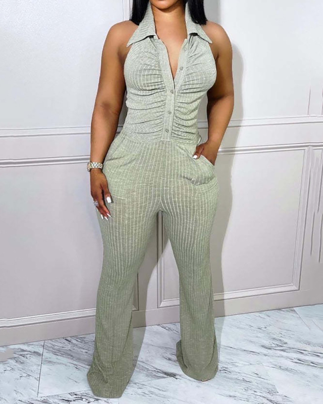 Backless Solid Color V-neck Sleeveless Women Jumpsuits Black Beige Brown Light Gray S-2XL
