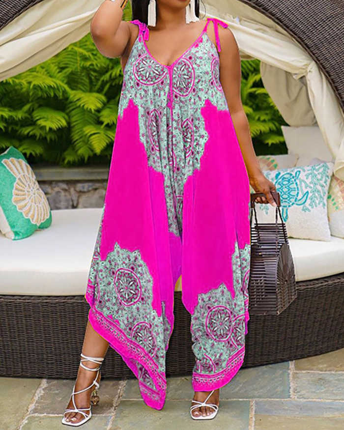 Women Pirnted Loose Deep V-neck Wide Leg Plus Size Jumpsuit Yellow Pink L-4XL
