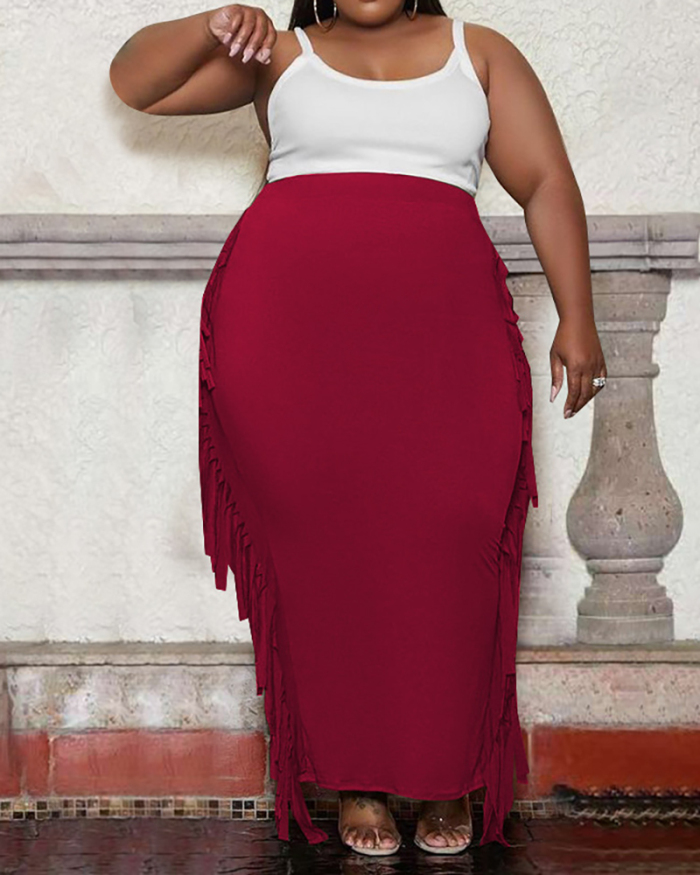 Women's Hot Sale Plus Size Solid Color Characteristic Fringe Long Dress XL-5XL