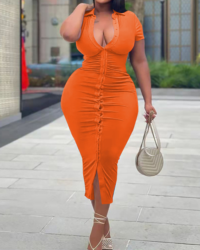 Women Solid Color Button Midi Short Sleeve Plus Size Dresses Black Blue Orange XL-5XL