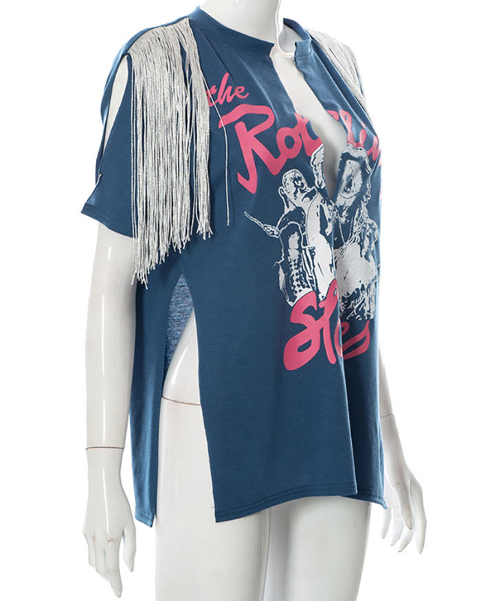 Lady Printing Street Style Tops Blue S-L