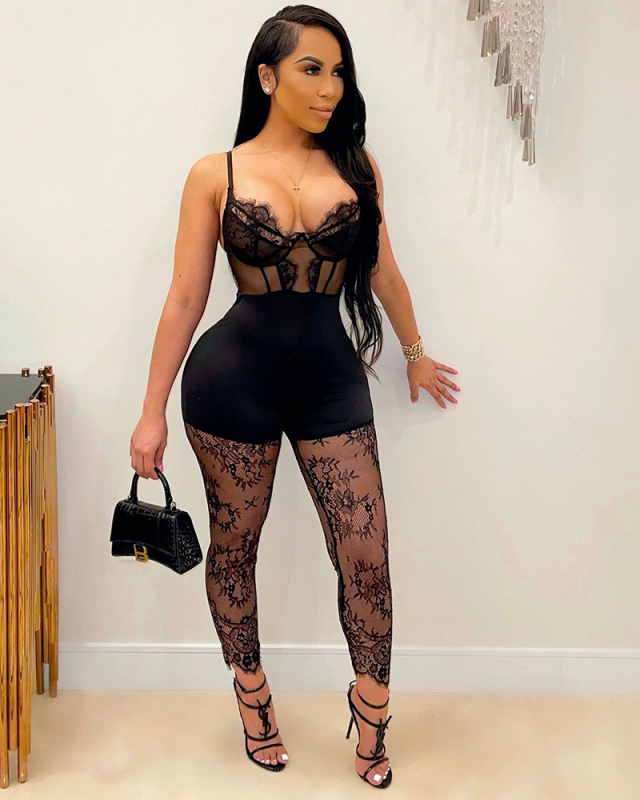 Black Eyelash See Through Sleeveless Jumpsuit S-XXL