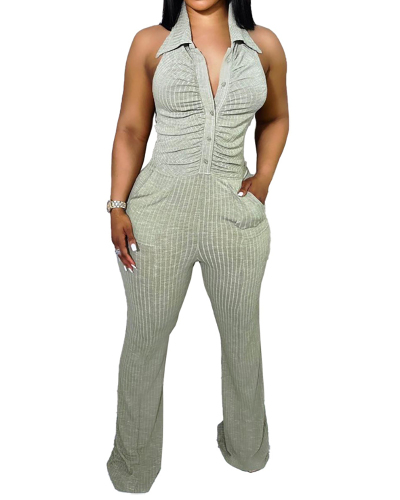 Woman Solid Color Lapel Button Sleeveless Jumpsuits Gray Apricot S-2XL