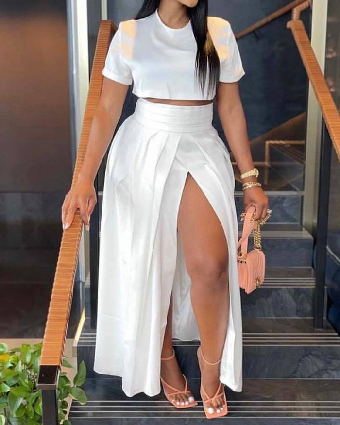 Women Short Sleeve Crop Top High Slit Solid Color Skirt Sets Two Pieces Outfit White Yellow Deep Blue S-2XL