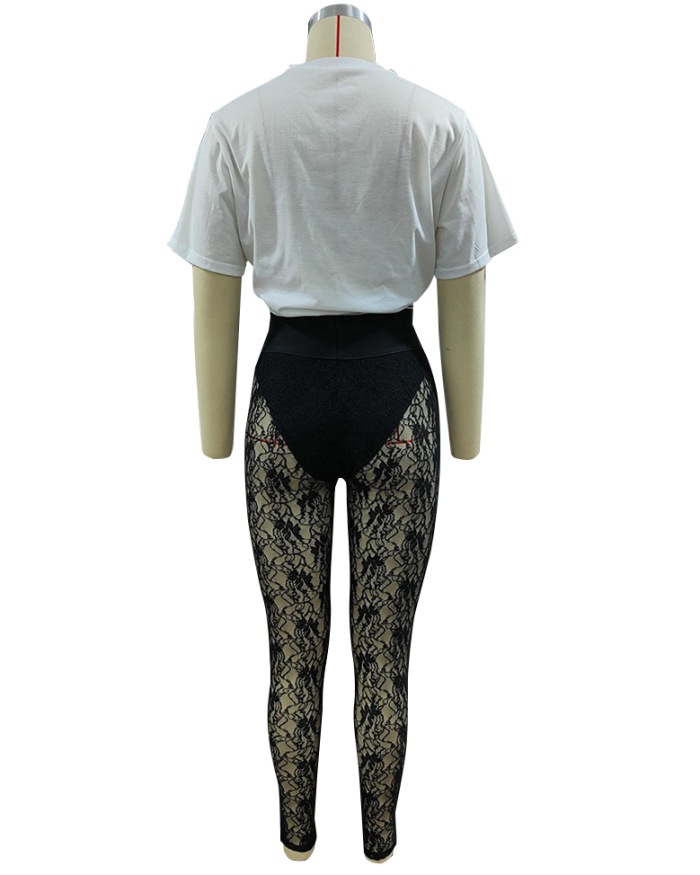 Women Short Sleeve Printed Fashion Lace See Through Pants Sets Two Pieces Outfit White S-2XL