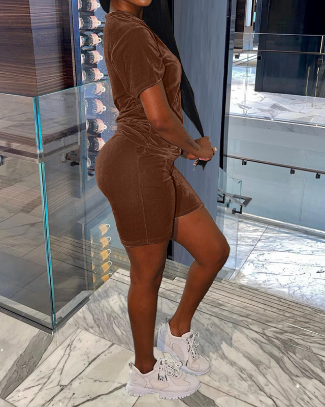 Women O Neck Solid Color Short Sleeve Short Sets Two Pieces Outfit Black Coffee Champagne S-2XL