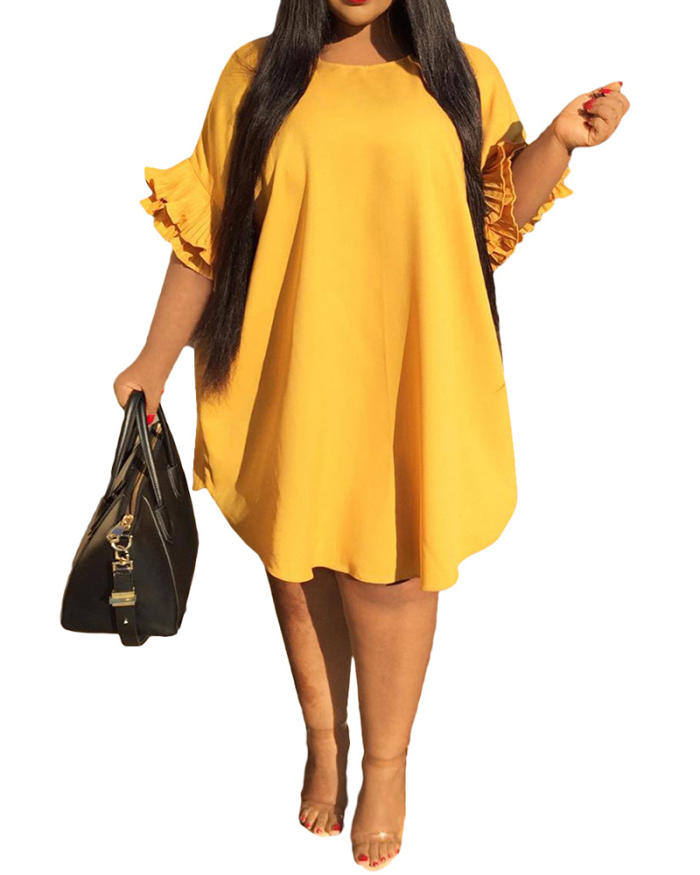 Women Solid Color Half Sleeve Mini Plus Size Dresses White Black Yellow XL-5XL