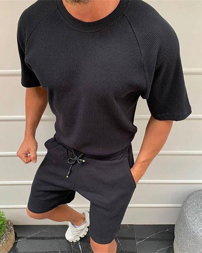 Men's New Solid Color Casual Suit Summer Short Sleeve T-Shirt Shorts S-3XL