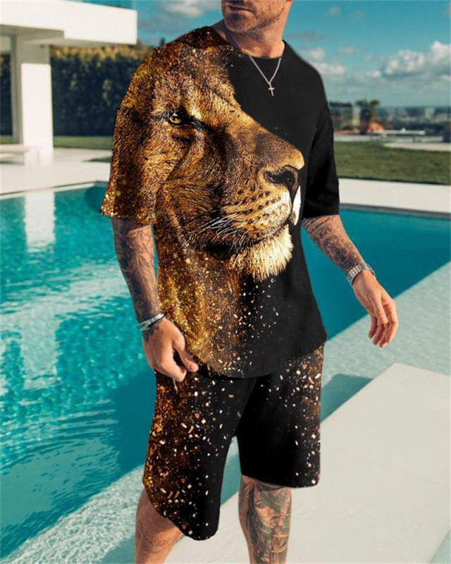 Men 3D Lion Printed Fashion Casual Two-piece Sets S-3XL