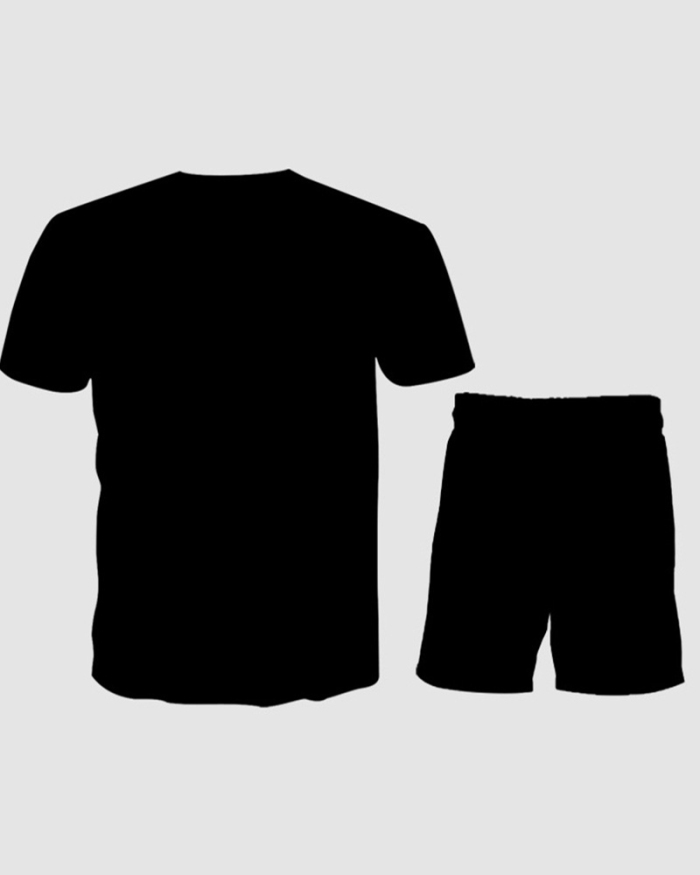 Men's Summer Set 3D Printed O Neck Short Sleeve Tee Shorts Suit Two-piece Sets Black S-3XL
