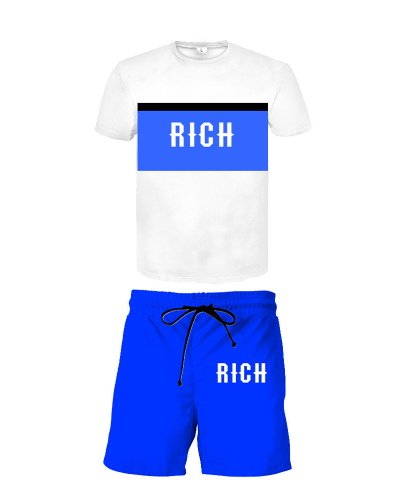Men's Short Sleeve Colorblock Rich Printed Summer Tee Two-piece Sets Blue White S-3XL