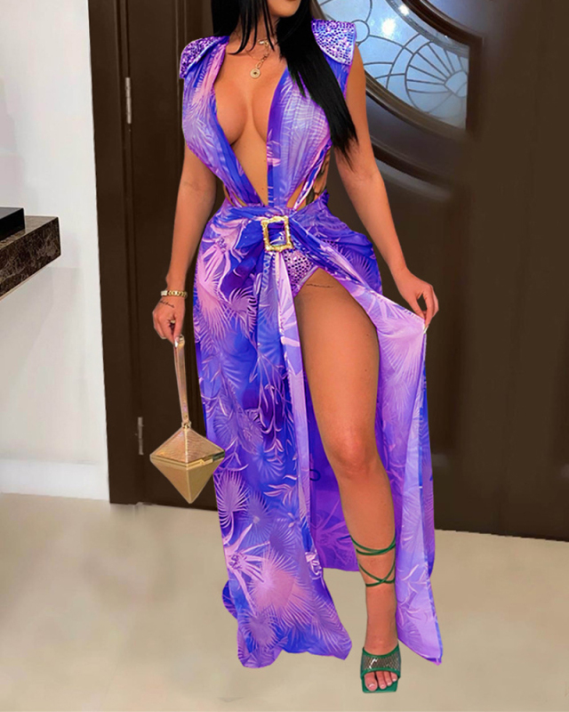 Women Deep V Neck Sleeveless Swimwear Skirt Sets Three Pieces Outfit Red Purple Light Green S-2XL