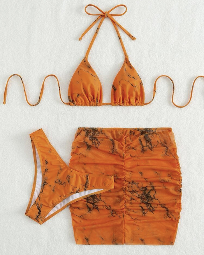 Fashion Printed New Style Lady Halter Neck High Waist Three-piece Swimsuit Brown White Orange Blue S-L
