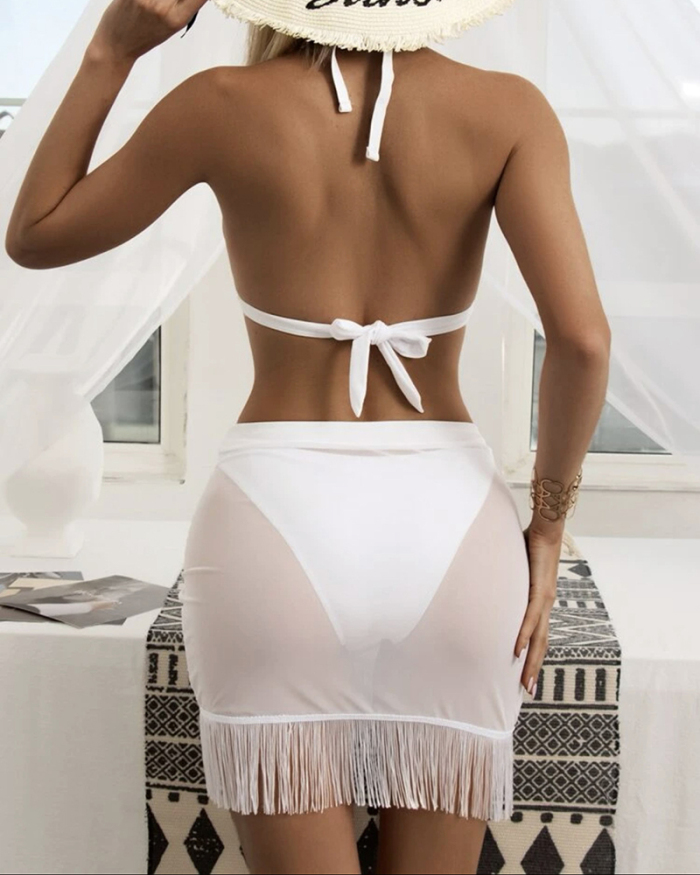 New Women Fashion Solid Color Fringe Short Skirt Swimwear Three-piece Swimsuit Bikini S-L