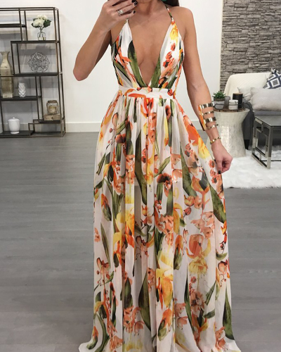 Hot Sale Florals V-neck Chiffon Backless Maxi Dress Pink Yellow Red Green Navy Blue Orange Stripe Deep Blue S-2XL