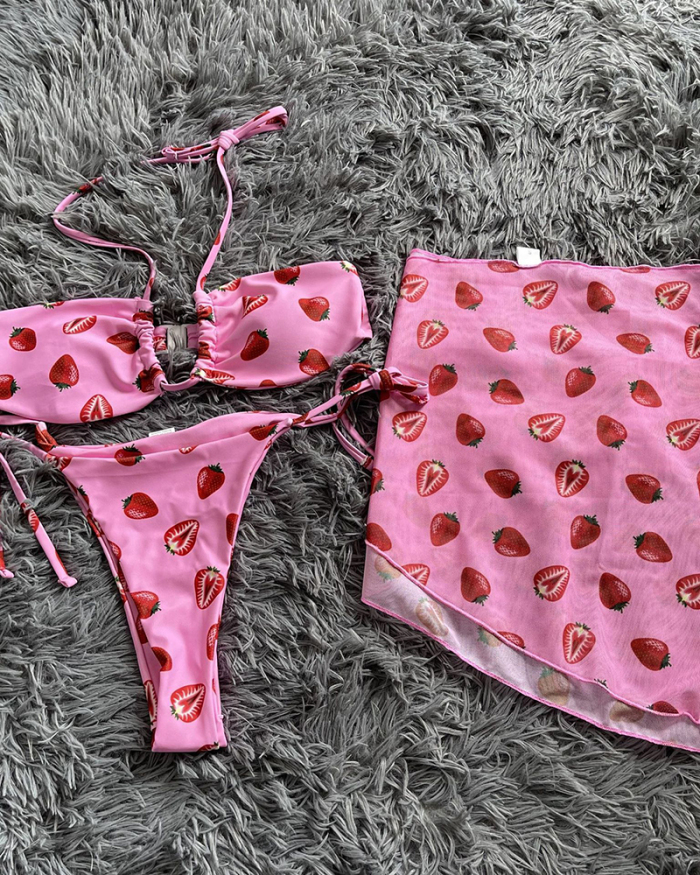 Strawberry Women High Waist Tie Side String Three-piece Swimsuit Pink S-L