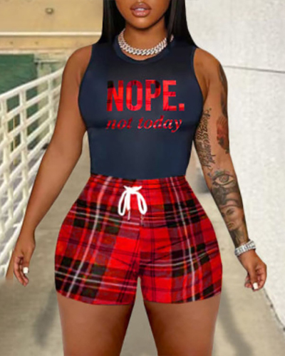 Women Sleeveless Nope Printed Plaid Slim Short Sets Two Pieces Outfit Red Black S-2XL
