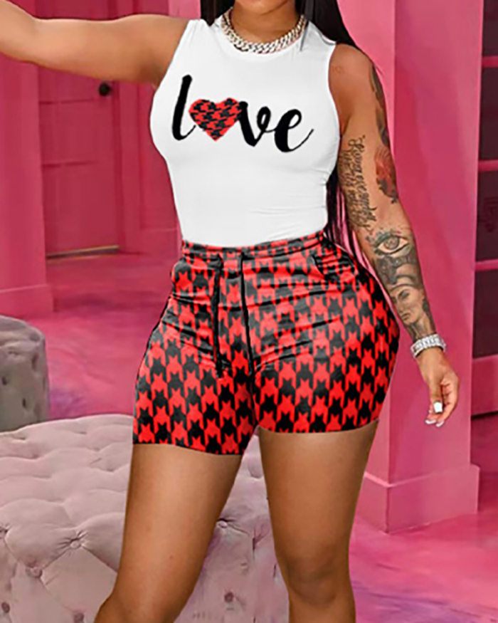Women Sleeveless Nope Printed Plaid Slim Short Sets Two Pieces Outfit Red Black S-2XL