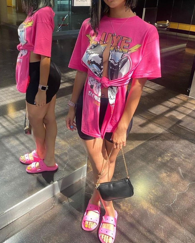 Hot Sale Short Sleeve O Neck Slit Printed T-shirt S-XL