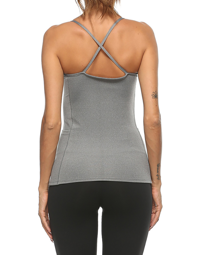 Yoga Tight Sling Nylon High Elastic Side Pocket Slim Fitness Vest Breathable Sports Top S-XL