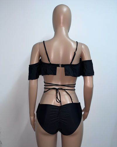 Women Black Off Shoulder Solid Color Bikini Sets