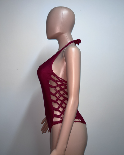 Womrn Red Solid Color One Piece Swimwear 