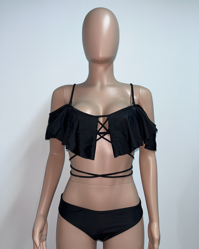Women Black Off Shoulder Solid Color Bikini Sets