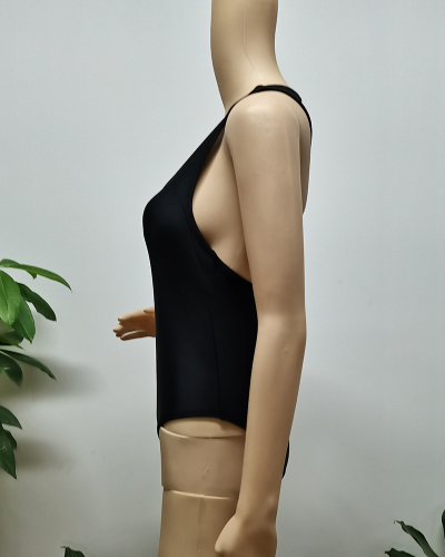 Women Black Solid Color Backless One-piece Swimwear 