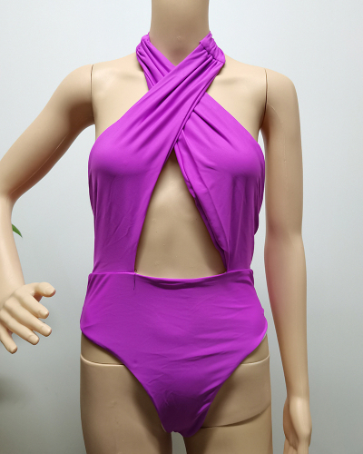 Women Purple Solid Color Backless One-piece Swimwear 