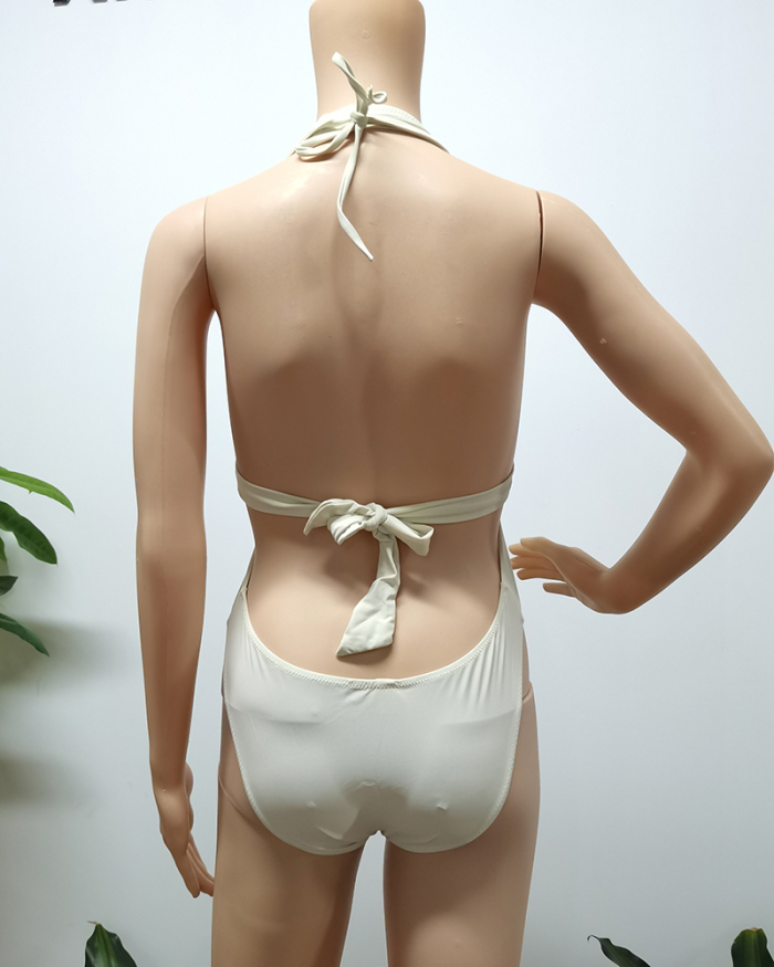 Women Halter Neck Backless One-piece Bikini Swimwear White