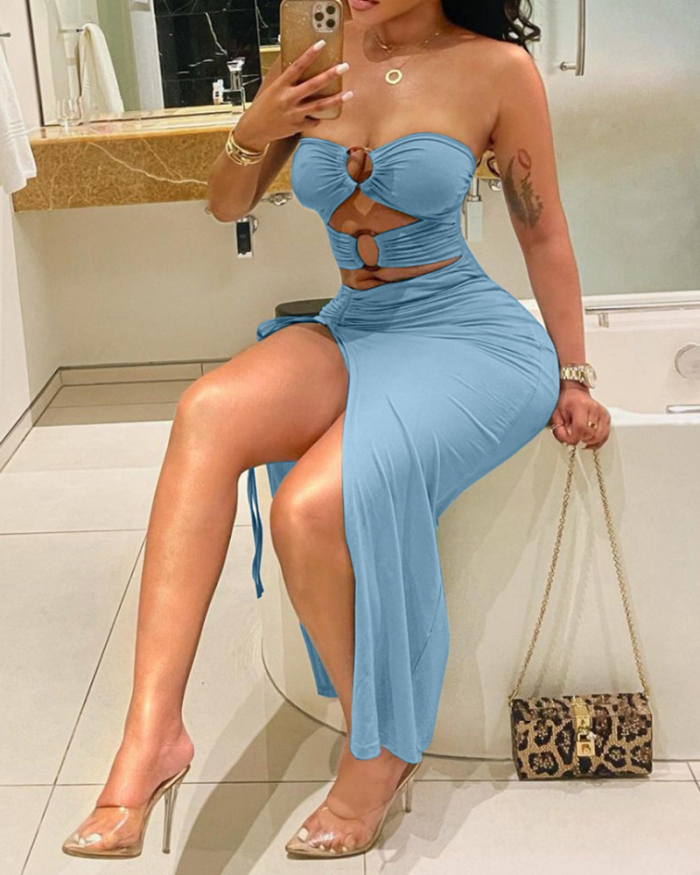 Women Solid Colid Hollow Out Summer Slit Ruched Casual Dresses Blue S-XL