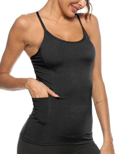 Yoga Tight Sling Nylon High Elastic Side Pocket Slim Fitness Vest Breathable Sports Top S-XL