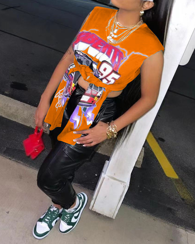 Hot Sale Short Sleeve O Neck Slit Printed T-shirt S-XL
