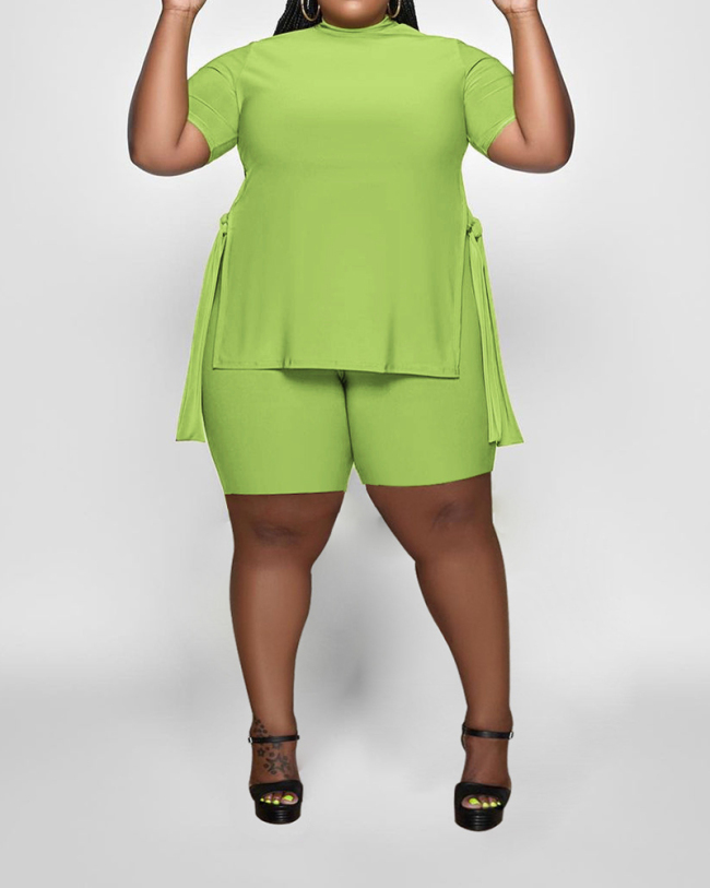 Women O Neck Short Sleeve Slit Short Set Plus Size Two Piece Sets White Orange Black Rosy Green XL-5XL