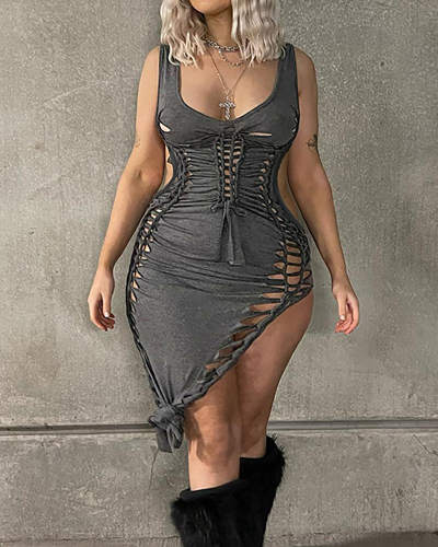Women Backless Hollow Out Solid Color Dress Deep Gray S-L