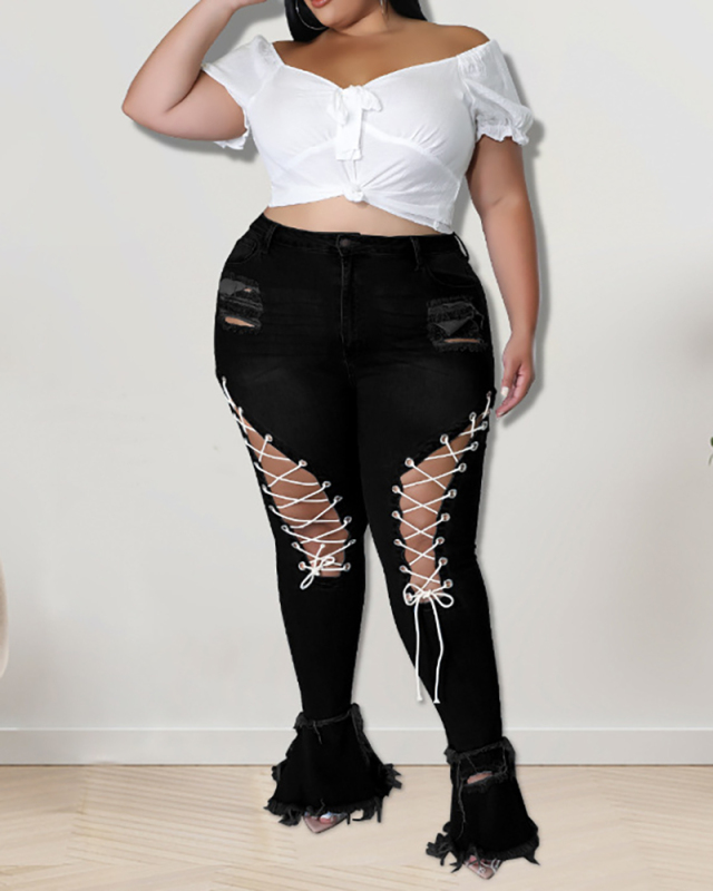 Women Strappy Hellow Out Plus Size Bottoms Jeans Deep Blue Light Blue Black S-5XL