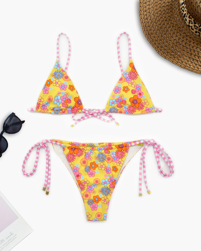 New Bikini Digital Print Drawstring Soft Covered Swimsuit Sexy Swimwear S-L