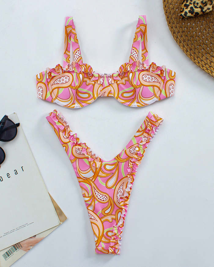 Florals Sexy Women High Cut Two-piece Swimsuit Pink Green Blue White Yellow S-L