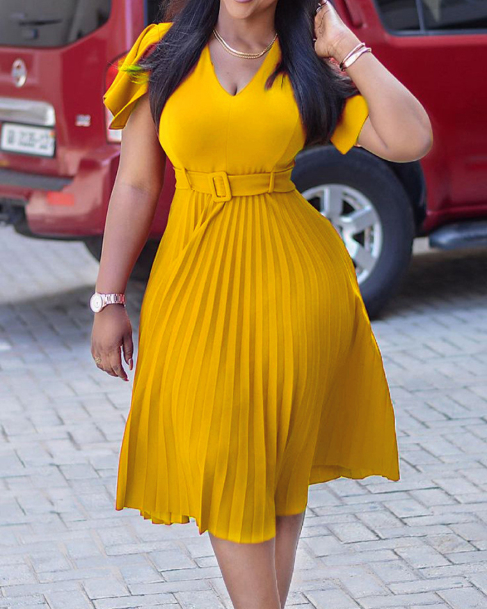 Elegant Women Solid Colid V-neck Short Sleeve Casual Pleated Dresses Yellow Red Black Blue S-3XL