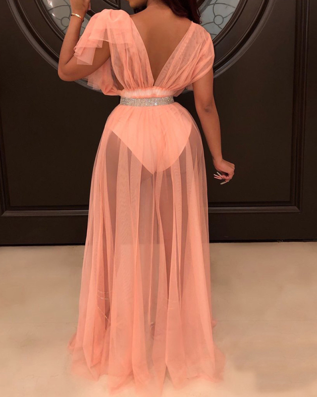 Sexy Perspective Mesh Shoulder Long Dress Sexy Evening Dress S-2XL