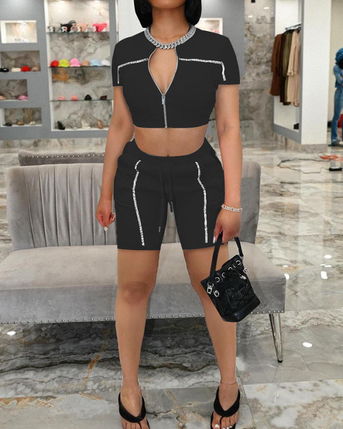 Women's New Zipper Short Sleeve Fashion Sports Two Piece Set S-XXL
