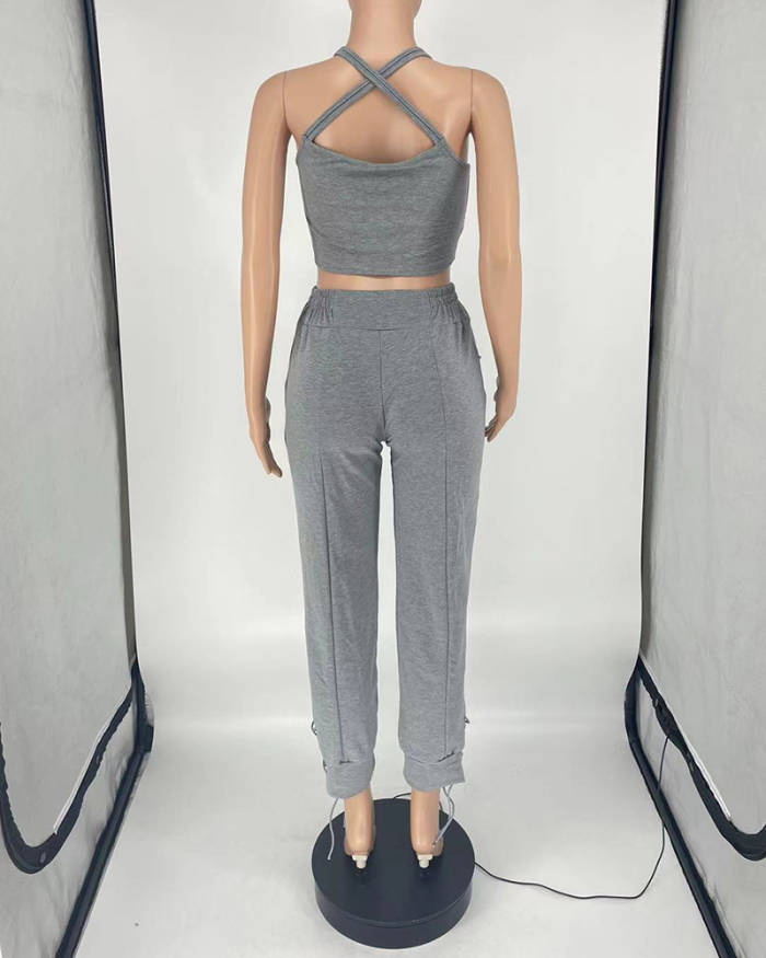 Women Hot Sale V Neck Solid Color Sleeveless Sports Wear Pants Sets Two Pieces Outfit With Pocket S-3XL
