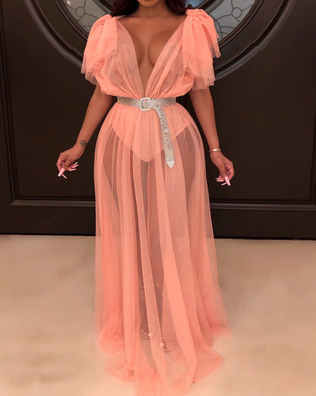 Sexy Perspective Mesh Shoulder Long Dress Sexy Evening Dress S-2XL