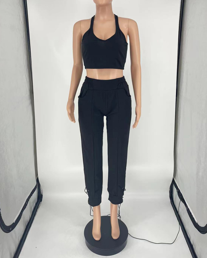 Women Hot Sale V Neck Solid Color Sleeveless Sports Wear Pants Sets Two Pieces Outfit With Pocket S-3XL