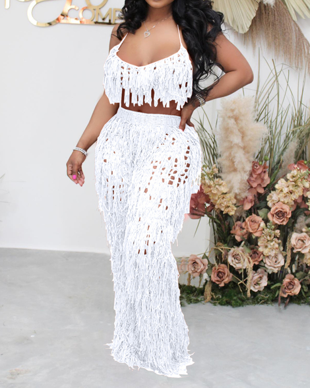 Hot Sale Hollow Out Halter Neck Backless Hole Women Beach Wear Pants Sets Two Pieces Outfit White Orange Rosy Black Khaki S-2XL