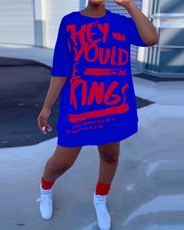 Women Wide Streets Style Printed Half Sleeve Casual Mini Dresses Red Black Blue S-2XL